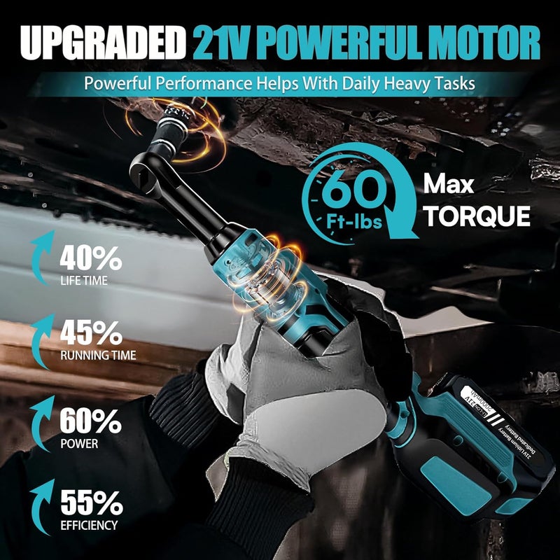 DEVTBLUN 21V Electric Ratchet Wrench Set,60FT-LBS (80N.m) Extended Cordless Ratchet Wrench with 2x 2.0Ah Battery,3/8" 400 RPM Variable Speed Power Ratchet Driver Set with 7 Sockets,1/4 Adaptor, 3"Extension Bar - Image 3